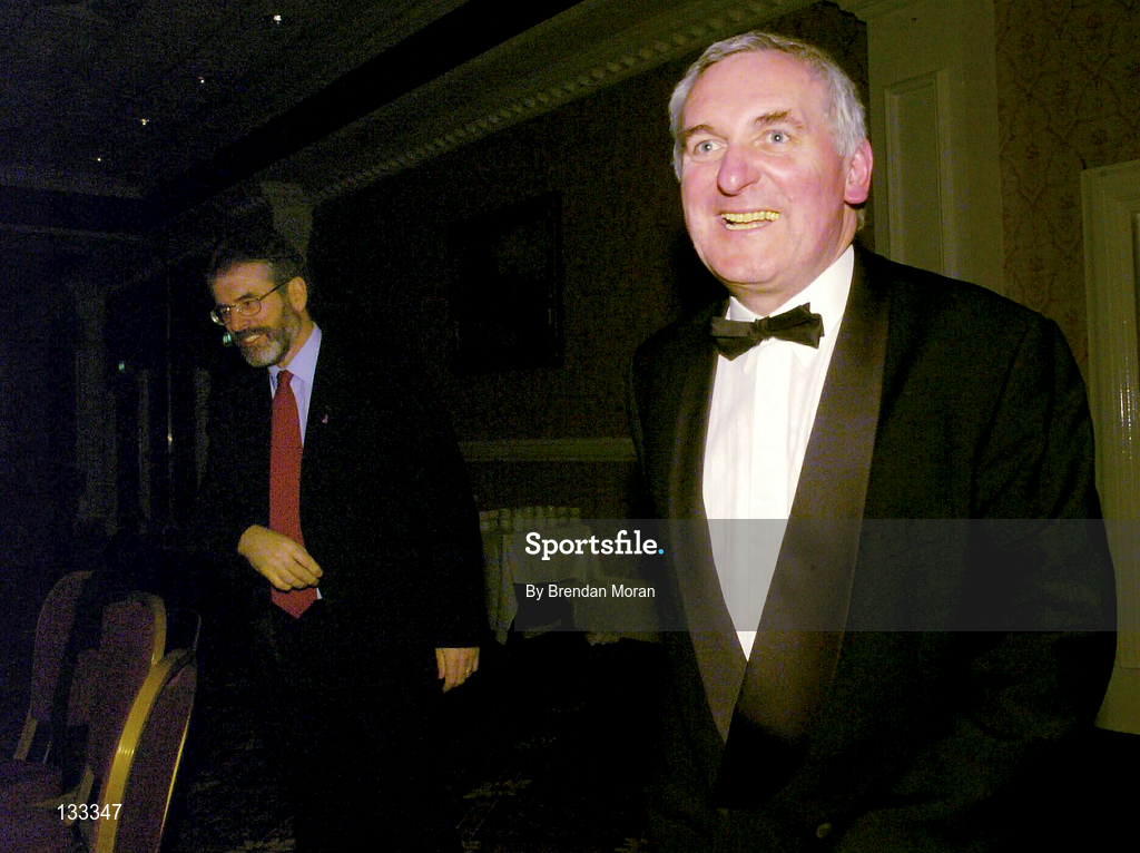 28 February 2004; An Taoiseach Bertie Ahern, T.D, after meeting the President of Sinn Féin Gerry Adams, left, during the Cumann Camogaiocht na nGael centenary celebrations at the Citywest Hotel in Dublin. Photo by Brendan Moran/Sportsfile