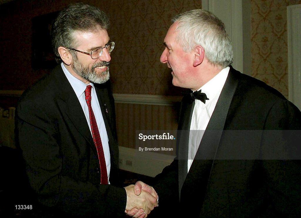 28 February 2004; An Taoiseach Bertie Ahern, T.D, meets the President of Sinn Féin Gerry Adams, left, during the Cumann Camogaiocht na nGael centenary celebrations at the Citywest Hotel in Dublin. Photo by Brendan Moran/Sportsfile