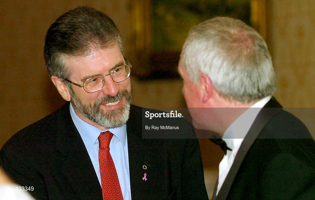 28 February 2004; An Taoiseach Bertie Ahern, T.D, meets the President of Sinn Féin Gerry Adams, left, during the Cumann Camogaiocht na nGael centenary celebrations at the Citywest Hotel in Dublin. Photo by Ray McManus/Sportsfile