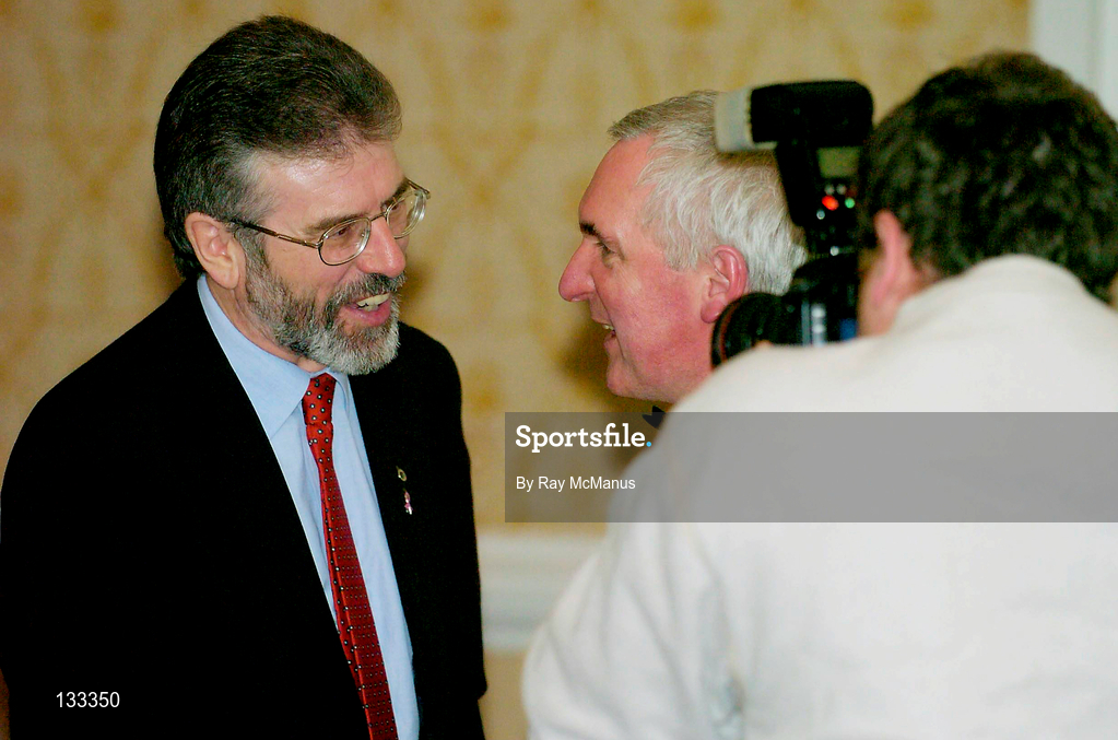 28 February 2004; An Taoiseach Bertie Ahern, T.D, meets the President of Sinn Féin Gerry Adams, left, during the Cumann Camogaiocht na nGael centenary celebrations at the Citywest Hotel in Dublin. Photo by Ray McManus/Sportsfile