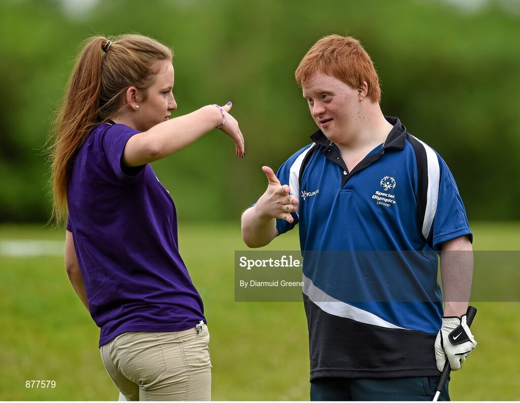 14 June 2014; Athlete Michael McCann, Grangecon, Co. Wicklow, Team Leinster, with volunteer Jane Prendergast, Moyglass, Co. Tipperary, following the Short Putt event. Special Olympics Ireland Games, Ballykisteen Hotel & Golf Resort, Co. Tipperary. Picture credit: Diarmuid Greene / SPORTSFILE