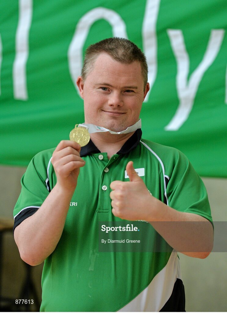 14 June 2014; John Martin, Ballymote, Co. Sligo, Team Connacht, celebrates with his gold medal after winning the Division 9 Badminton final. Special Olympics Ireland Games, Mary Immaculate College, Limerick.  Picture credit: Diarmuid Greene / SPORTSFILE