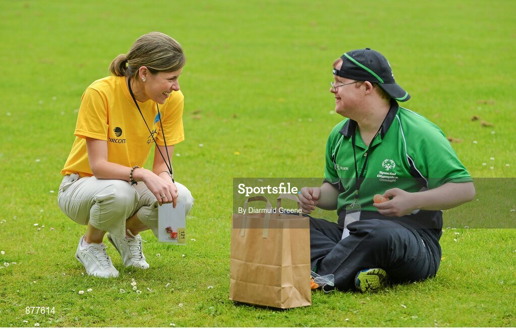 14 June 2014; Paul McEllin, Castlebar, Co. Mayo, Team Connaught, who is competing in the Table Tennis event, and Aoife Sammon from eircom have a chat during lunch. Special Olympics Ireland Games, University of Limerick, Limerick. Picture credit: Diarmuid Greene / SPORTSFILE