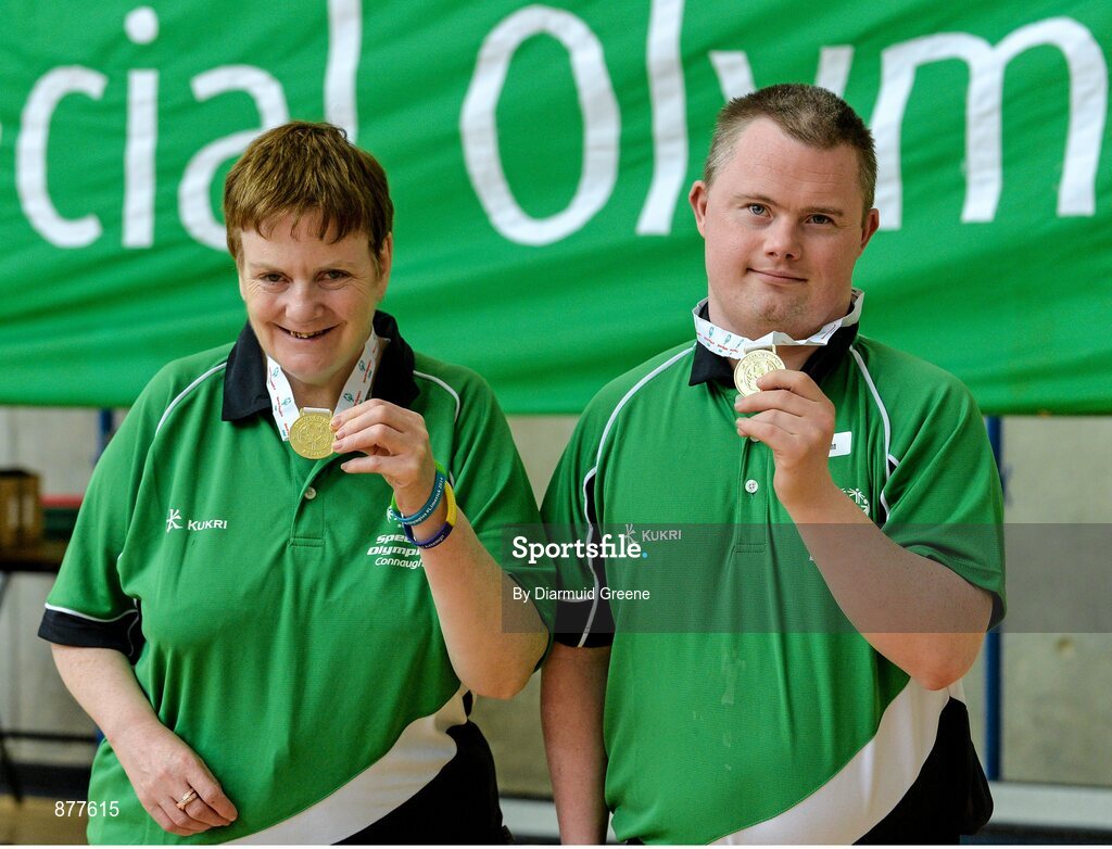 14 June 2014; Mary Kate Dolan, Cartron, Co. Sligo, Team Connacht, and John Martin, Ballymote, Co. Sligo, Team Connacht, celebrate with their gold medals after the Badminton finals. Special Olympics Ireland Games, Mary Immaculate College, Limerick.  Picture credit: Diarmuid Greene / SPORTSFILE
