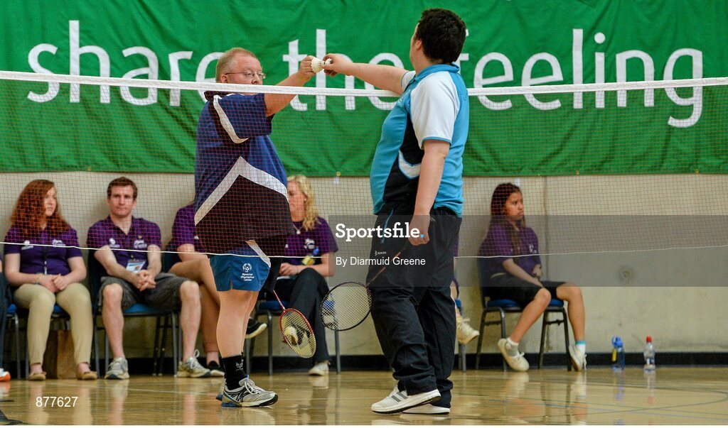 14 June 2014; Billy Collins, Monasterevin, Co. Kildare, Team Leinster, left, hands the shuttlecock to Scott Fell, from Bray, Co. Wicklow, Eastern Region, during their Division 8 Badminton match. Special Olympics Ireland Games, Mary Immaculate College, Limerick.  Picture credit: Diarmuid Greene / SPORTSFILE