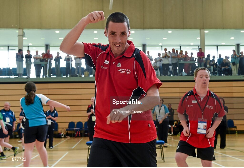 14 June 2014; Team Munster badminton athlete Denis Goulding, from Blackpool, Cork, dances during the pre-competition parade. Special Olympics Ireland Games, Mary Immaculate College, Limerick. Picture credit: Diarmuid Greene / SPORTSFILE