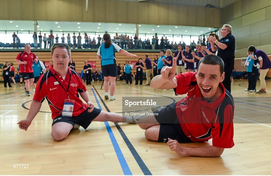 14 June 2014; Team Munster badminton athletes Denis Goulding, from Blackpool, Cork, right, and Paul Fitzgerald, from Bishopstown, Cork, left, dance during the pre-competition parade. Special Olympics Ireland Games, Mary Immaculate College, Limerick. Picture credit: Diarmuid Greene / SPORTSFILE