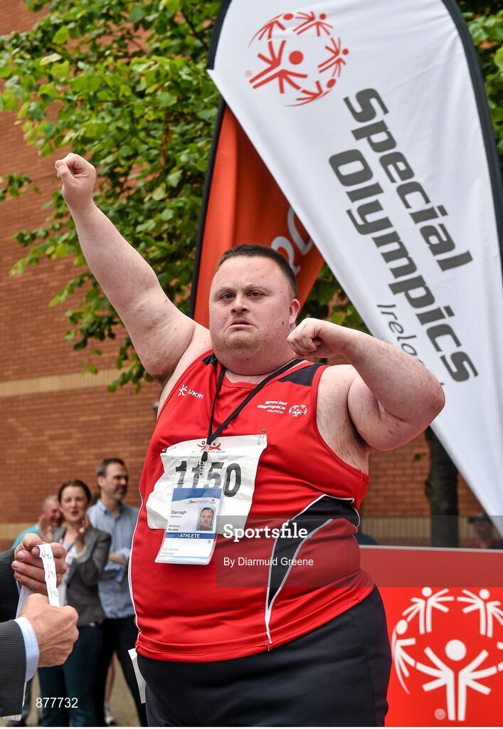14 June 2014; Team Munster athlete, and the Lord Mayor of Borrisokane, Co. Tipperary, Darragh McKenna celebrates before receiving his silver medal after the Division 2 Men's 800m Walk final. Special Olympics Ireland Games, University of Limerick, Limerick. Picture credit: Diarmuid Greene / SPORTSFILE