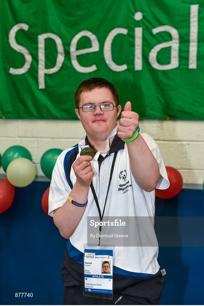 14 June 2014; Daniel Somers, Rathfarnam, Dublin, Team Leinster, celebrates with his gold medal after winning the Bocce Division 17 singles competition. Special Olympics Ireland Games, Delta Sports Dome, Limerick. Picture credit: Diarmuid Greene / SPORTSFILE
