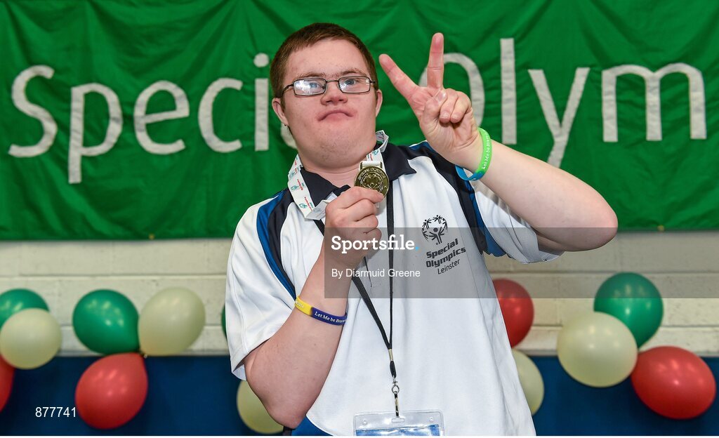 14 June 2014; Daniel Somers, Rathfarnam, Dublin, Team Leinster, celebrates with his gold medal after winning the Bocce Division 17 singles competition. Special Olympics Ireland Games, Delta Sports Dome, Limerick. Picture credit: Diarmuid Greene / SPORTSFILE
