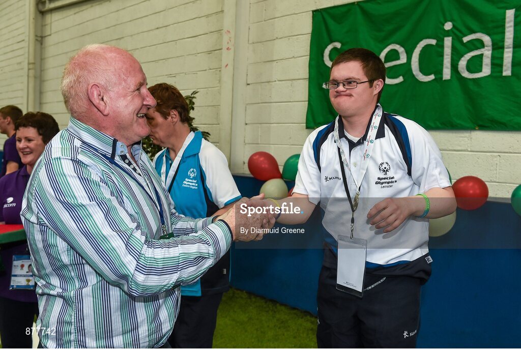 14 June 2014; Daniel Somers, Rathfarnam, Dublin, Team Leinster, is presented with his gold medal by former Ireland rugby player Gerry McLoughlin after winning the Bocce Division 17 singles competition. Special Olympics Ireland Games, Delta Sports Dome, Limerick. Picture credit: Diarmuid Greene / SPORTSFILE