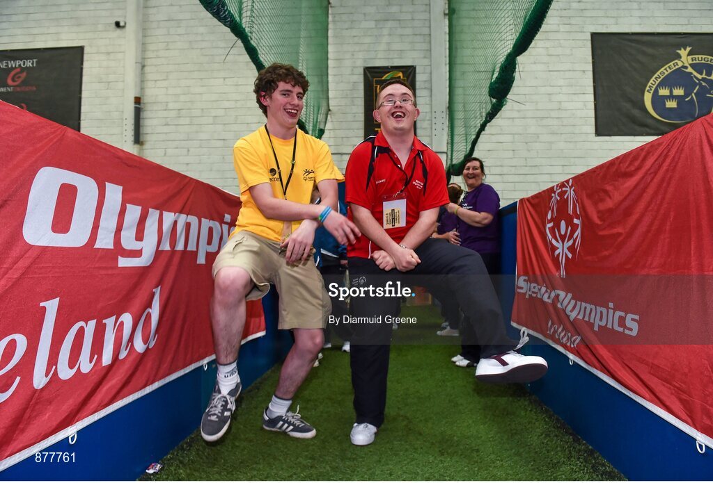 14 June 2014; Volunteer Eoin Caffrey, from Ennis Road, Limerick, and Bocce athlete Damien O'Brien, Tipperary Town, Co. Tipperary, Team Munster, dance 'Gangnam Style'. Special Olympics Ireland Games, Delta Sports Dome, Limerick. Picture credit: Diarmuid Greene / SPORTSFILE