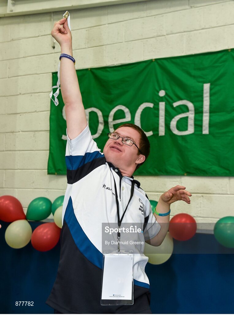 14 June 2014; Daniel Somers, Rathfarnam, Dublin, Team Leinster, celebrates with his gold medal after winning the Bocce Division 17 singles competition. Special Olympics Ireland Games, Delta Sports Dome, Limerick. Picture credit: Diarmuid Greene / SPORTSFILE