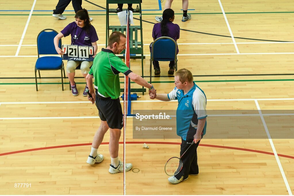 14 June 2014; Badminton athletes Gabriel Field, Sligo Town, Team Connaught, left, and Nicholas Goodey, Rathfarnam, Dublin, Eastern Region, exchange a handshake after their game. Special Olympics Ireland Games, Mary Immaculate College, Limerick. Picture credit: Diarmuid Greene / SPORTSFILE