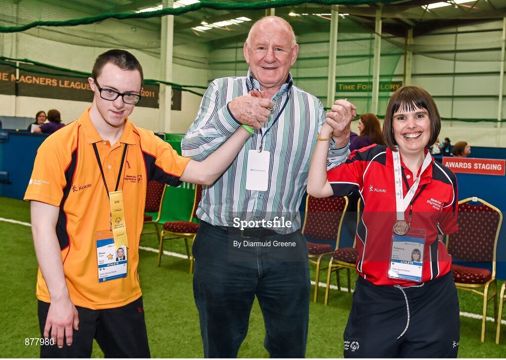 14 June 2014; Bocce athletes Oliver McGee, Armagh, Team Ulster, left, and Rebecca Bourke, Kilmallock, Co. Limerick, Team Munster, right, with former Ireland rugby player Gerry McLoughlin. Special Olympics Ireland Games, Delta Sports Dome, Limerick. Picture credit: Diarmuid Greene / SPORTSFILE