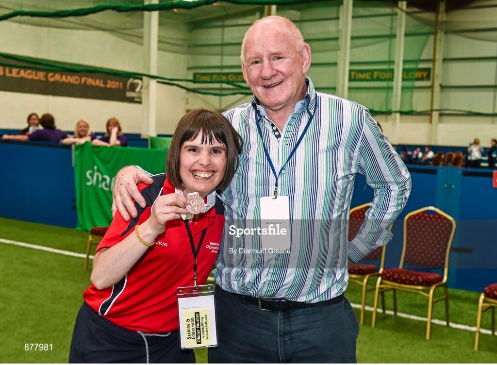 14 June 2014; Bocce bronze medalist Rebecca Bourke, from Kilmallock, Co. Limerick, Team Munster, with former Ireland rugby player Gerry McLoughlin. Special Olympics Ireland Games, Delta Sports Dome, Limerick. Picture credit: Diarmuid Greene / SPORTSFILE