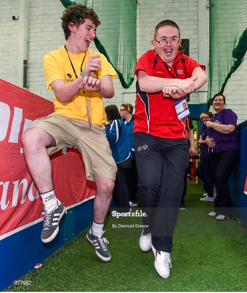 14 June 2014; Volunteer Eoin Caffrey, Ennis Road, Limerick, and Bocce athlete Damien O'Brien, Tipperary Town, Co. Tipperary, Team Munster, dance 'Gangnam Style'. Special Olympics Ireland Games, Delta Sports Dome, Limerick. Picture credit: Diarmuid Greene / SPORTSFILE