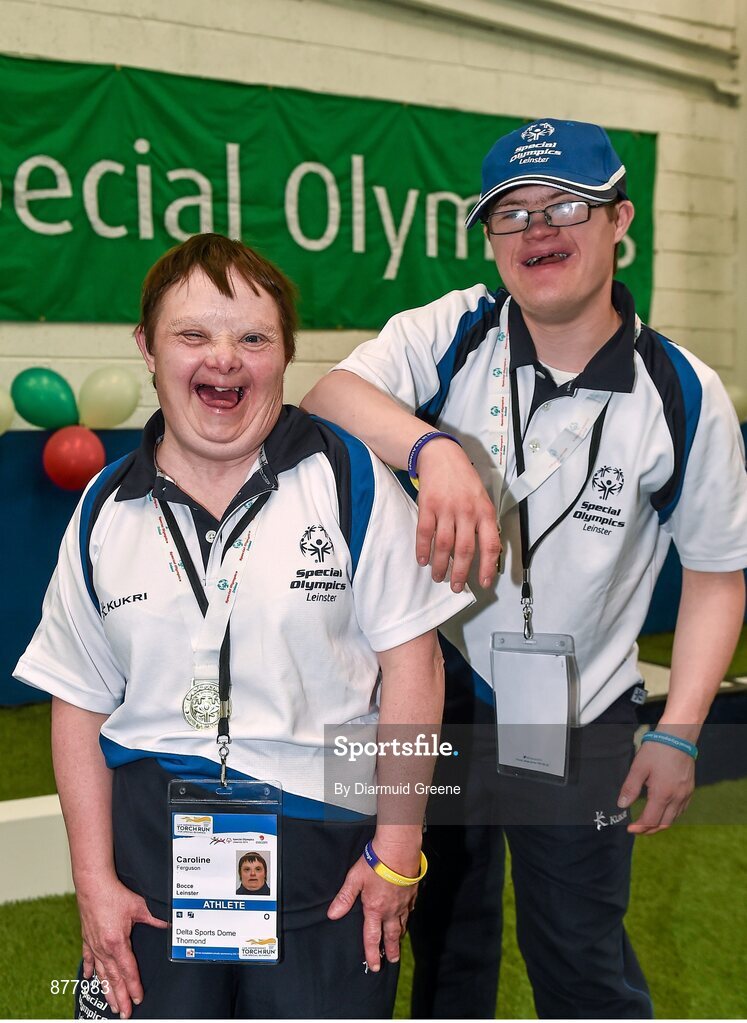 14 June 2014; Bocce athletes Caroline Ferguson, from Wexford Town, left, and Daniel Somers, from Rathfarnam, Dublin, Team Leinster. Special Olympics Ireland Games, Delta Sports Dome, Limerick. Picture credit: Diarmuid Greene / SPORTSFILE