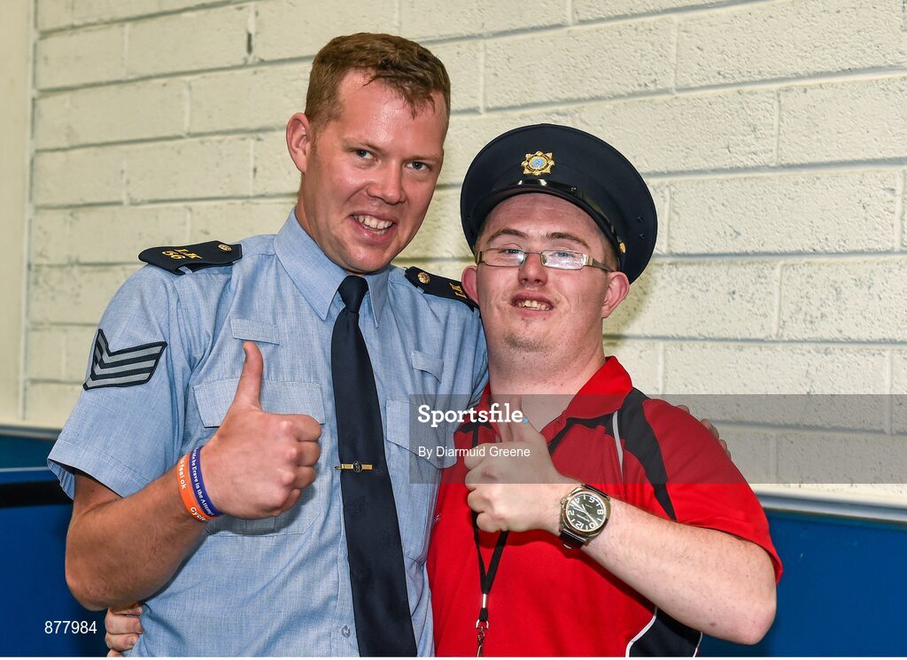 14 June 2014; Bocce athlete Damien O'Brien, Tipperary Town, Co. Tipperary, Team Munster, with Garda Dermot Keating, Henry St Garda Station, Limerick. Special Olympics Ireland Games, Delta Sports Dome, Limerick. Picture credit: Diarmuid Greene / SPORTSFILE