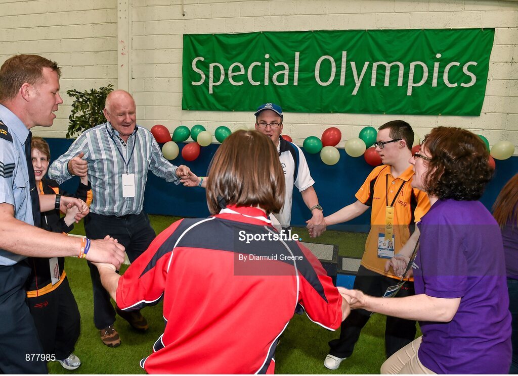 14 June 2014; Athletes, volunteers and guests, including former Ireland rugby player Gerry McLoughlin and Garda Dermot Keating from Henry St Garda Station, Limerick, enjoy some dancing after a medal ceremony. Special Olympics Ireland Games, Delta Sports Dome, Limerick. Picture credit: Diarmuid Greene / SPORTSFILE