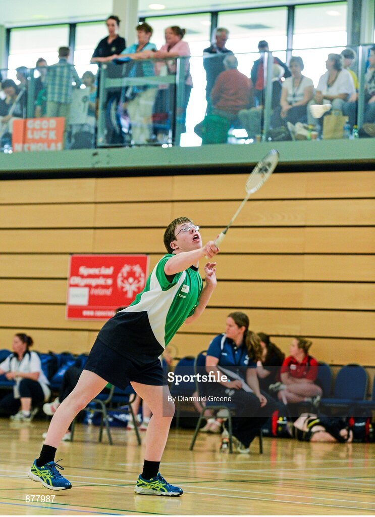 14 June 2014; Badminton athlete Liam Foley, Moate, Co. Westmeath, Team Connaught, in action during his Division 8 game. Special Olympics Ireland Games, Mary Immaculate College, Limerick. Picture credit: Diarmuid Greene / SPORTSFILE