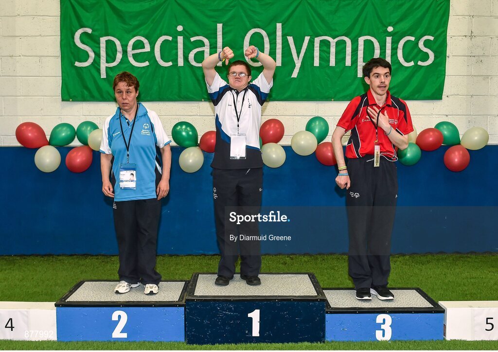 14 June 2014; Silver medalist Doreen Donnelly, Glenageary, Co. Dublin, Eastern Region, left, gold medalist Daniel Somers, Rathfarnam, Dublin, Team Leinster, centre, and bronze medalist Rory Trundle, Midleton, Co. Cork, Team Munster, right, after their Bocce Division 17 singles competition. Special Olympics Ireland Games, Delta Sports Dome, Limerick. Picture credit: Diarmuid Greene / SPORTSFILE