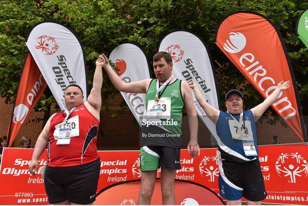 14 June 2014; Bronze medal winner Darragh McKenna, Borrisokane, Co. Tipperary, Team Munster, left, gold medal winner Damien McDonnell, Swinford, Co. Mayo, Team Connaught, centre, and silver medal winner Declan Heavey, Monasterevin, Co. Kildare, Team Leinster, right, with their medals after the Division 2 Mens 800m walk final. Special Olympics Ireland Games, University of Limerick, Limerick. Picture credit: Diarmuid Greene / SPORTSFILE