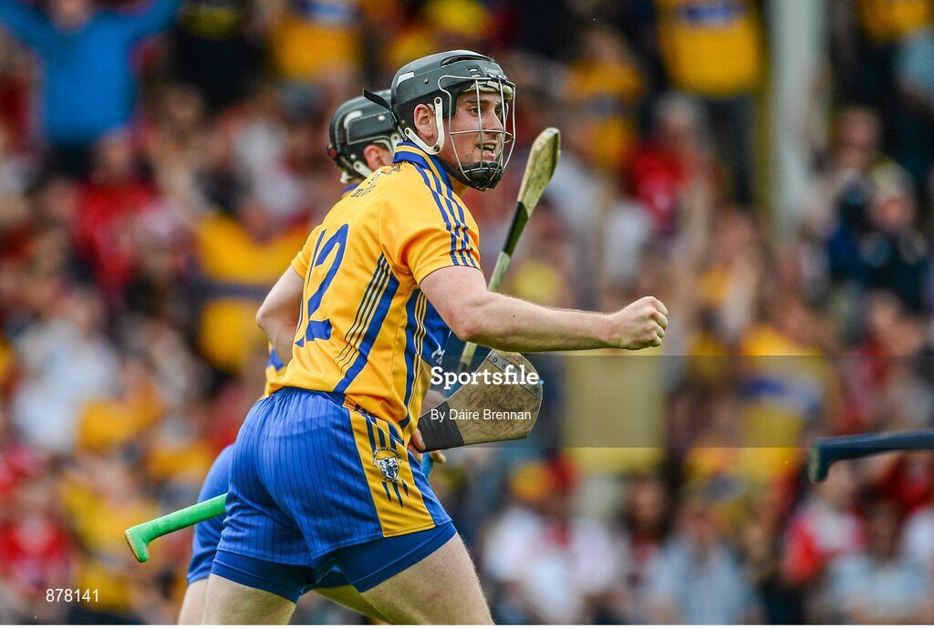 15 June 2014; Colin Ryan, Clare, celebrates after scoring his side's first goal. Munster GAA Hurling Senior Championship, Semi-Final, Clare v Cork, Semple Stadium, Thurles, Co. Tipperary. Picture credit: Dáire Brennan / SPORTSFILE