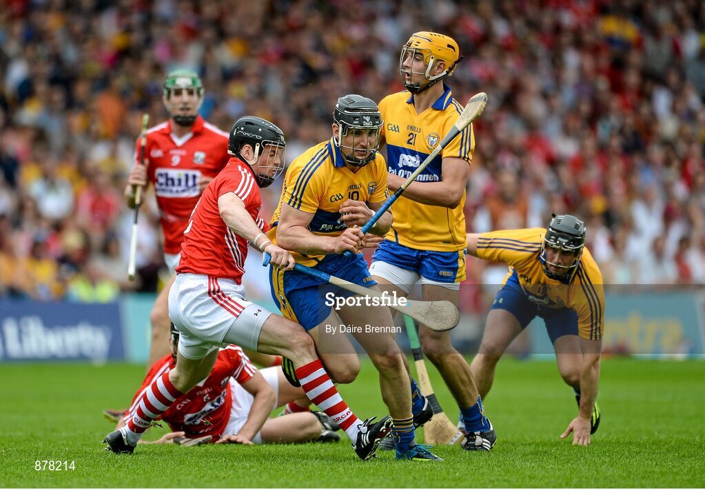 15 June 2014; John Conlon, Clare, in action against Shane O'Neill, Cork. Munster GAA Hurling Senior Championship, Semi-Final, Clare v Cork, Semple Stadium, Thurles, Co. Tipperary. Picture credit: Dáire Brennan / SPORTSFILE