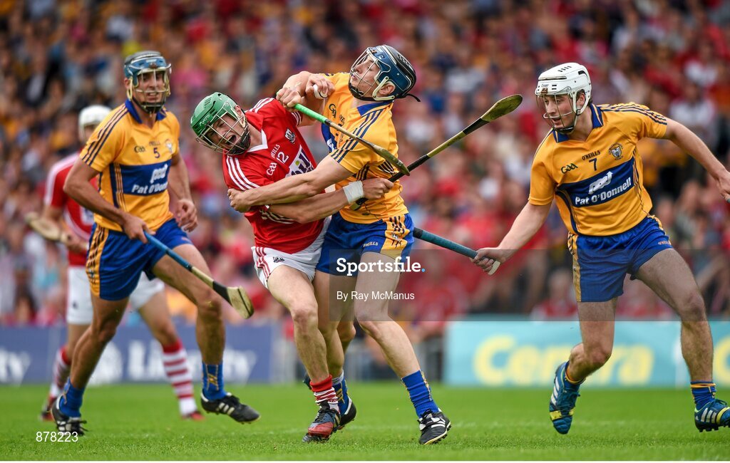 15 June 2014; Seamus Harnedy, Cork, in action against David Mc Inerney, Clare. Munster GAA Hurling Senior Championship, Semi-Final, Clare v Cork, Semple Stadium, Thurles, Co. Tipperary. Picture credit: Ray McManus / SPORTSFILE