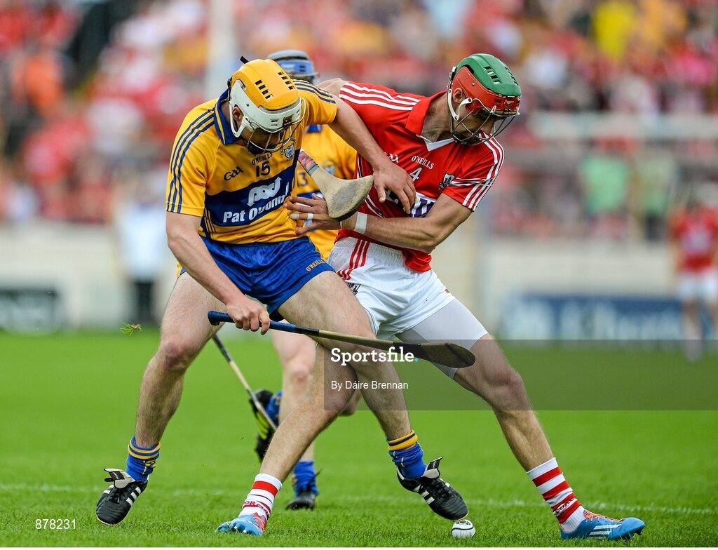 15 June 2014; Conor McGrath, Clare, in action against Stephen McDonnell, Cork. Munster GAA Hurling Senior Championship, Semi-Final, Clare v Cork, Semple Stadium, Thurles, Co. Tipperary. Picture credit: Dáire Brennan / SPORTSFILE
