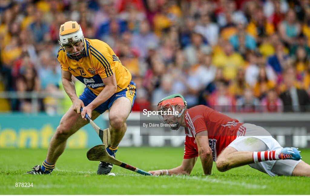 15 June 2014; Stephen McDonnell, Cork, in action against Conor McGrath, Clare. Munster GAA Hurling Senior Championship, Semi-Final, Clare v Cork, Semple Stadium, Thurles, Co. Tipperary. Picture credit: Dáire Brennan / SPORTSFILE
