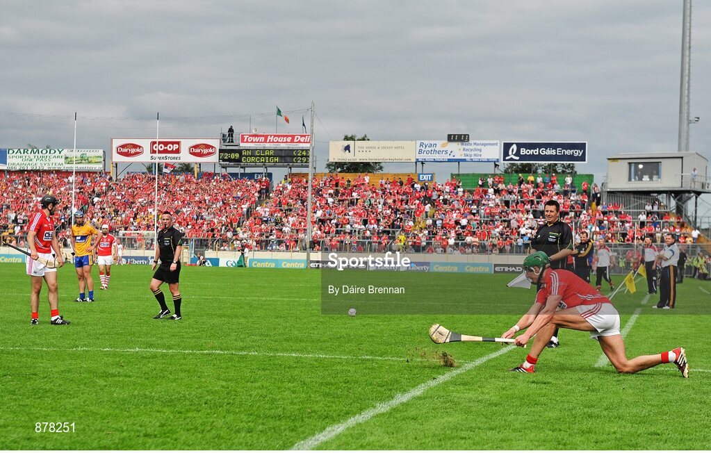 15 June 2014; Aidan Walsh, Cork, takes a sideline cut in the dying moments of the game. Munster GAA Hurling Senior Championship, Semi-Final, Clare v Cork, Semple Stadium, Thurles, Co. Tipperary. Picture credit: Dáire Brennan / SPORTSFILE