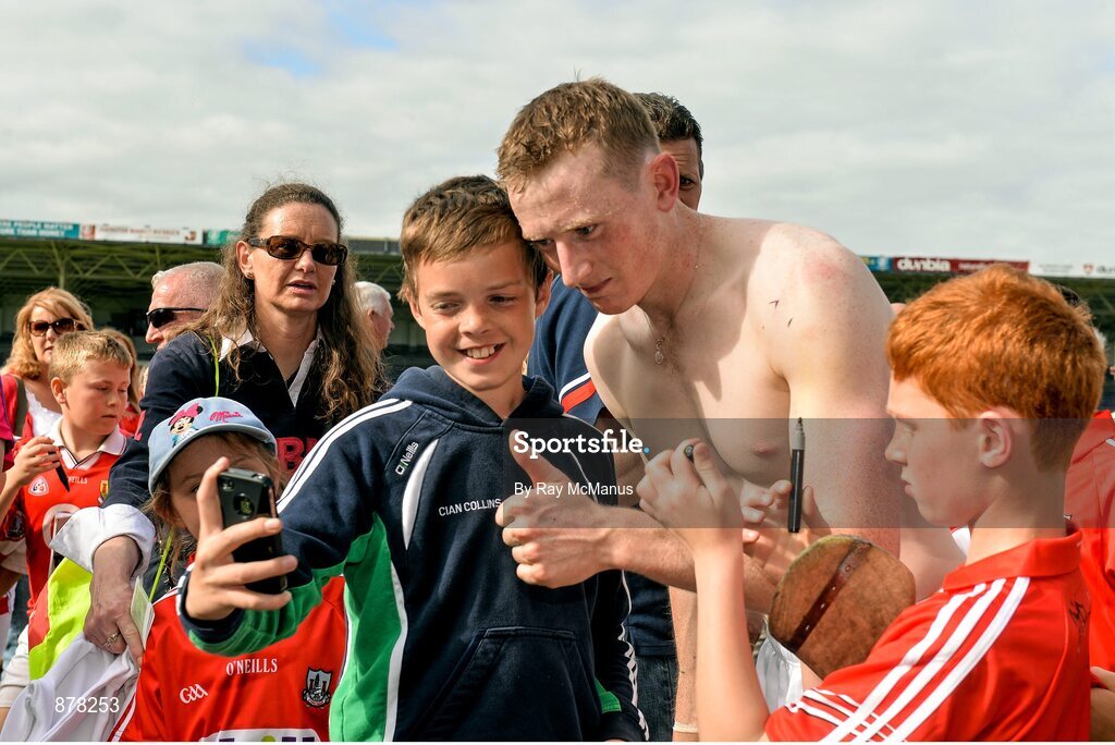 15 June 2014; Cork full back Damien Cahalane poses for a selfie with fans after the game. Munster GAA Hurling Senior Championship, Semi-Final, Clare v Cork, Semple Stadium, Thurles, Co. Tipperary. Picture credit: Ray McManus / SPORTSFILE