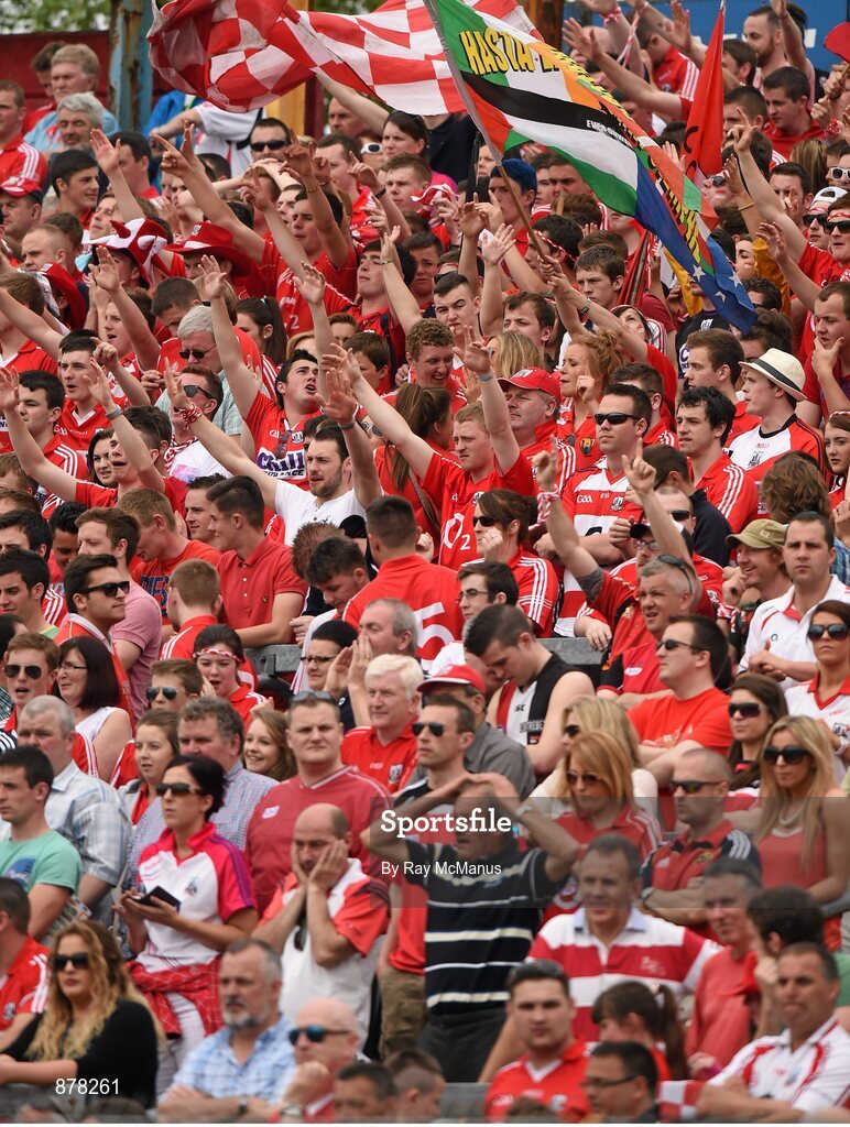 15 June 2014; Cork supporters on the town end terrace before the game. Munster GAA Hurling Senior Championship, Semi-Final, Clare v Cork, Semple Stadium, Thurles, Co. Tipperary. Picture credit: Ray McManus / SPORTSFILE