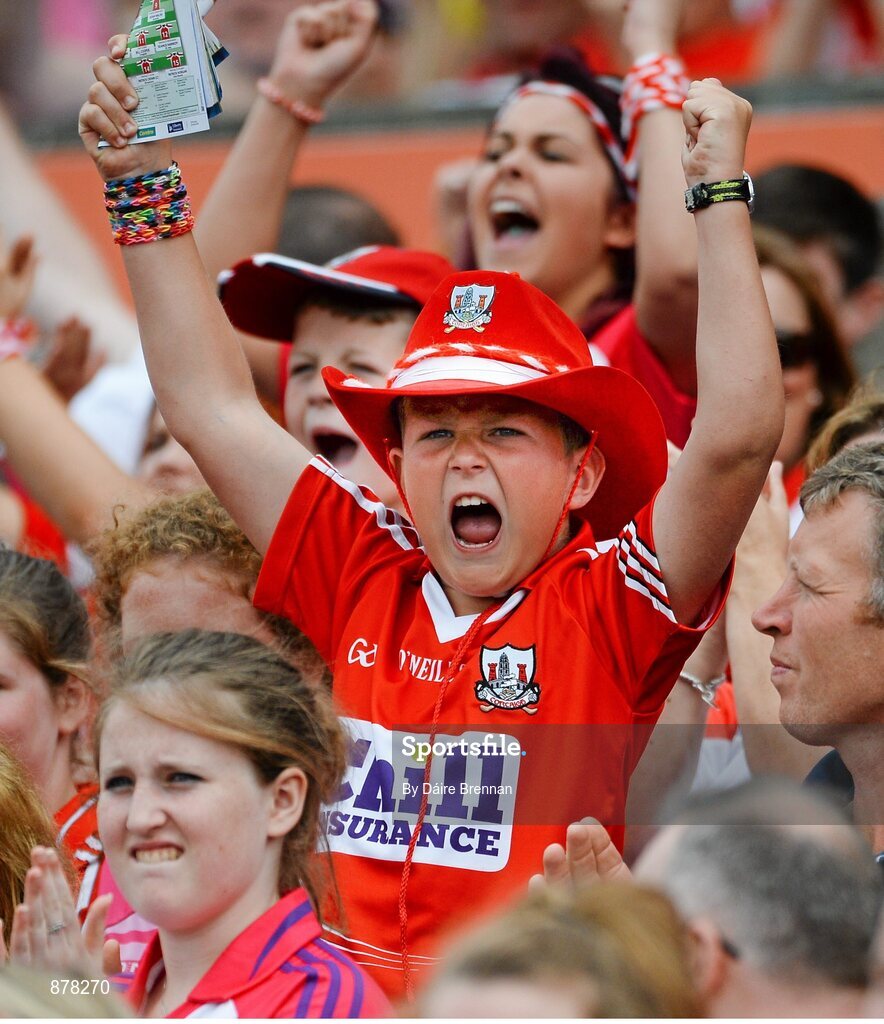15 June 2014; A young Cork supporter celebrates a second half score. Munster GAA Hurling Senior Championship, Semi-Final, Clare v Cork, Semple Stadium, Thurles, Co. Tipperary. Picture credit: Dáire Brennan / SPORTSFILE