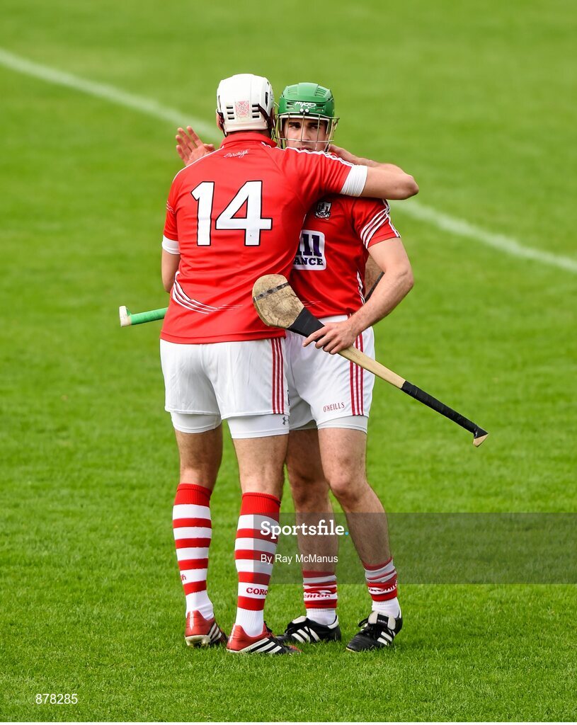 15 June 2014; Cork captain Patrick Cronin, left, and Liam MacAogain celebrate after the game. Munster GAA Hurling Senior Championship, Semi-Final, Clare v Cork, Semple Stadium, Thurles, Co. Tipperary. Picture credit: Ray McManus / SPORTSFILE