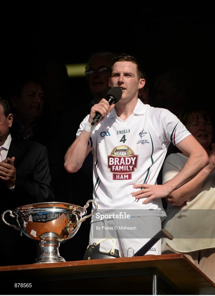 7 June 2014; Kildare captain Niall Ó Muineacháin gives his acceptance speech after the game. Christy Ring Cup Final, Kerry v Kildare, Croke Park, Dublin. Picture credit: Piaras Ó Mídheach / SPORTSFILE