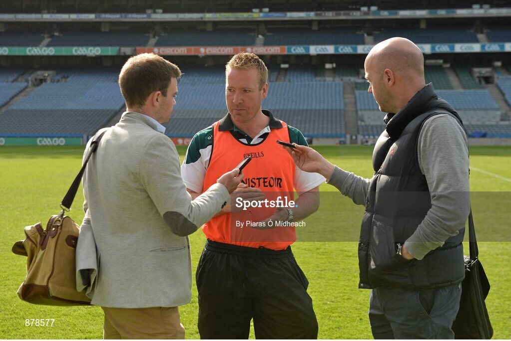 7 June 2014; Kildare manager Brian Lawlor, centre, is interviewed by journalists Ian Baker, left, and John Ryan, after the game. Christy Ring Cup Final, Kerry v Kildare, Croke Park, Dublin. Picture credit: Piaras Ó Mídheach / SPORTSFILE