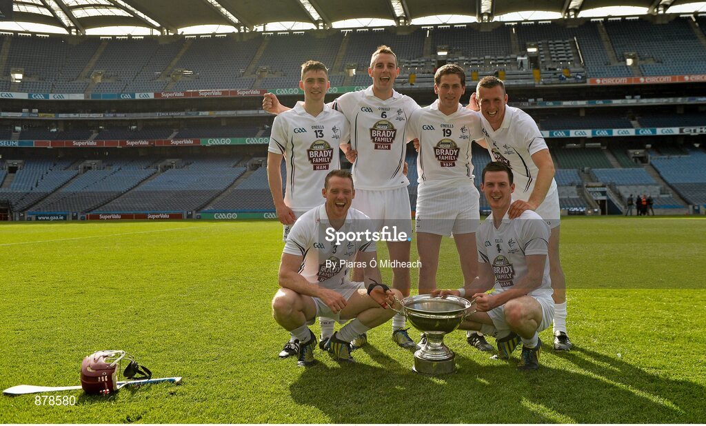7 June 2014; Kildare players from Celbridge GAA club, back row from left, Gerry Keegan, Mark Moloney, Pa Curtin, Tony Murphy, front row from left, Fiachra Ó Muineacháin, Niall Ó Muineacháin. Christy Ring Cup Final, Kerry v Kildare, Croke Park, Dublin. Picture credit: Piaras Ó Mídheach / SPORTSFILE
