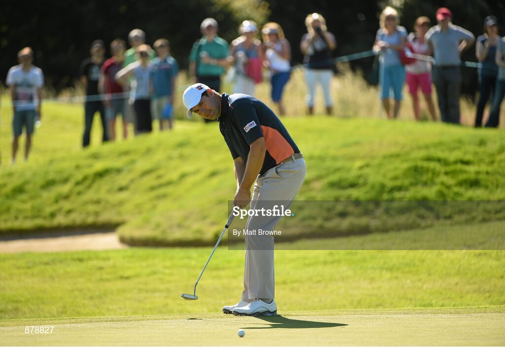18 June 2014; Padraig Harrington watches his putt on the first green during the 2014 Irish Open Golf Championship Pro-Am. Fota Island, Cork. Picture credit: Matt Browne / SPORTSFILE