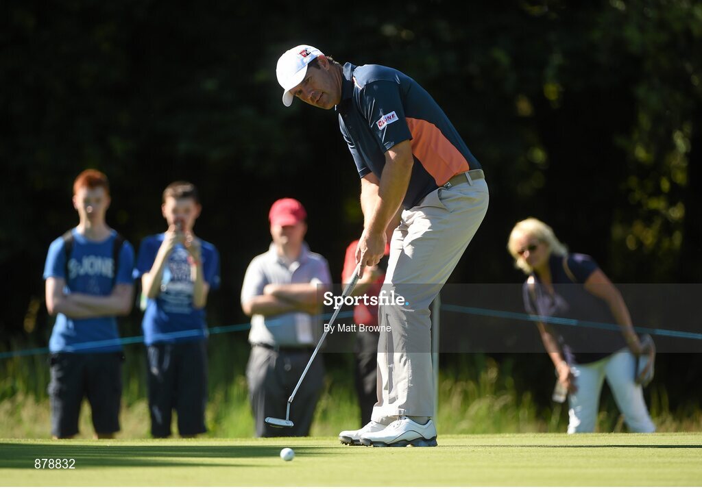 18 June 2014; Padraig Harrington watches his putt on the second green during the 2014 Irish Open Golf Championship Pro-Am. Fota Island, Cork. Picture credit: Matt Browne / SPORTSFILE