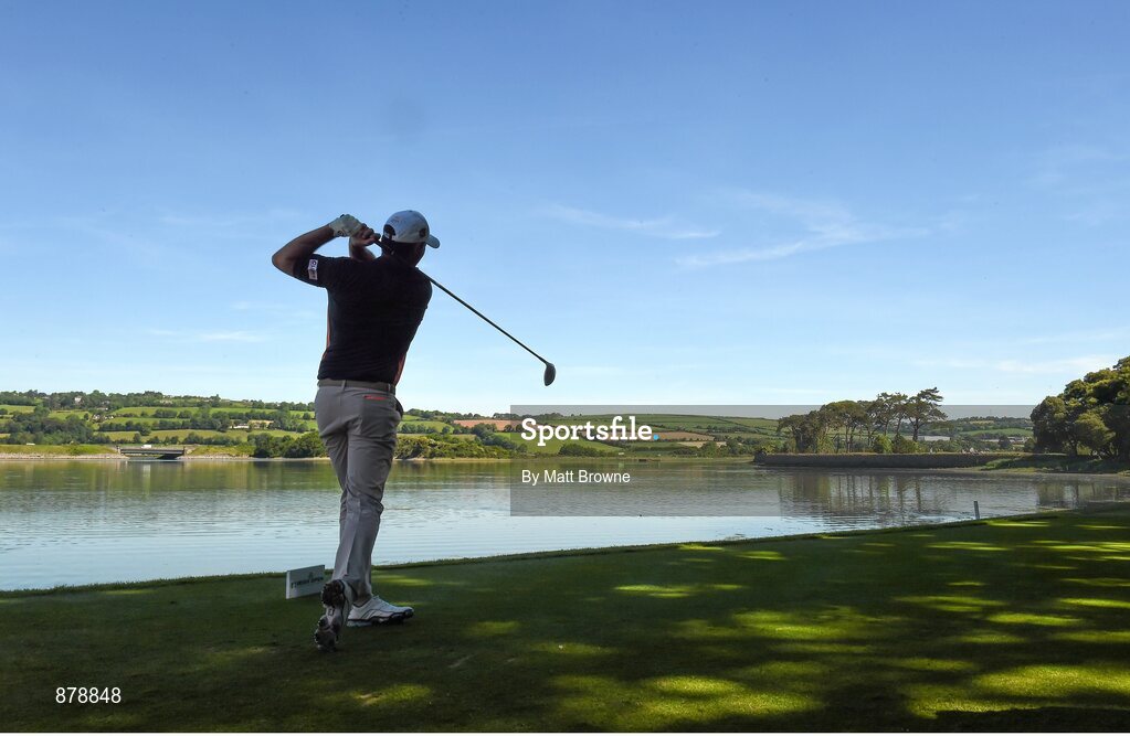 18 June 2014; Padraig Harrington watches his drive from the sixth tee box during the 2014 Irish Open Golf Championship Pro-Am. Fota Island, Cork. Picture credit: Matt Browne / SPORTSFILE