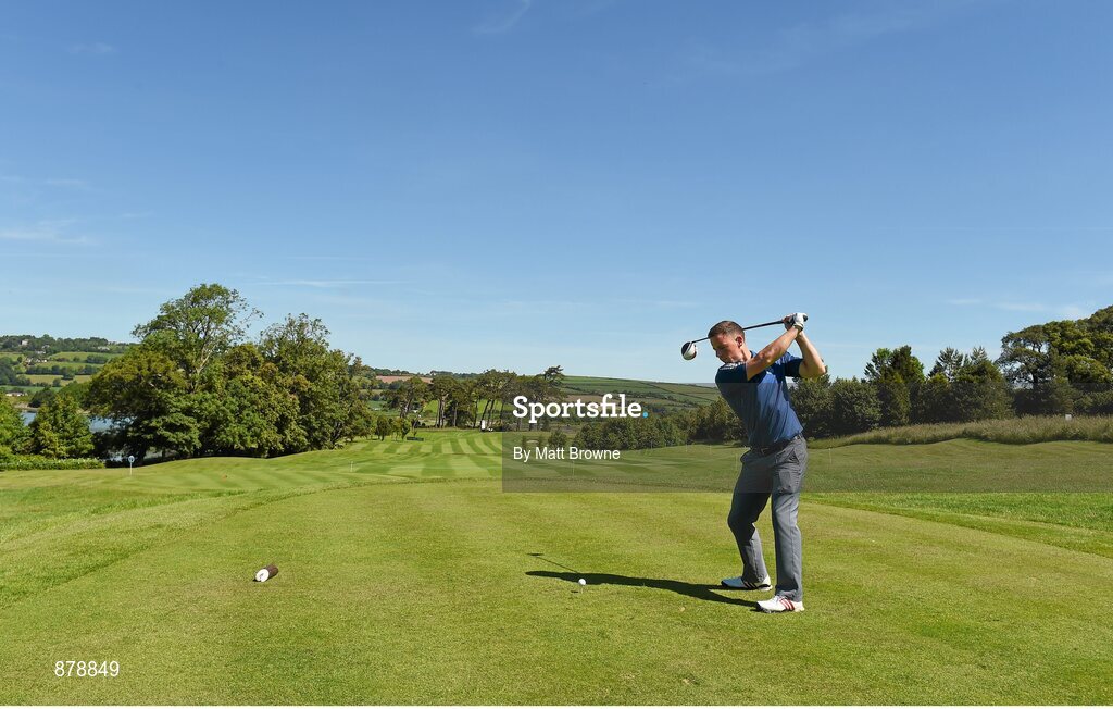 18 June 2014; Cork hurler Anthony Nash hits a drive from the sixth tee box during the 2014 Irish Open Golf Championship Pro-Am. Fota Island, Cork. Picture credit: Matt Browne / SPORTSFILE