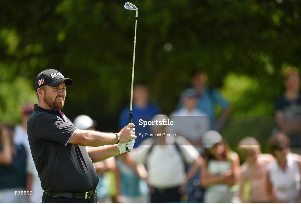 18 June 2014; Shane Lowry watches his second shot on the first fairway during the 2014 Irish Open Golf Championship Pro-Am. Fota Island, Cork. Picture credit: Diarmuid Greene / SPORTSFILE
