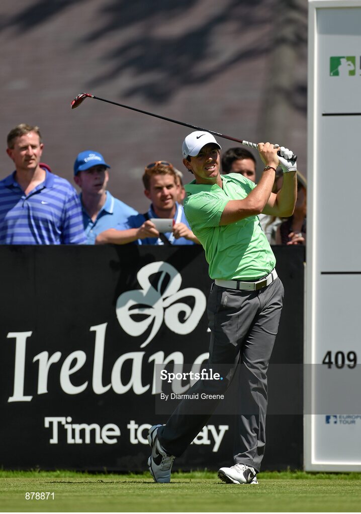 18 June 2014; Rory McIlroy watches his drive from the first tee box during the 2014 Irish Open Golf Championship Pro-Am. Fota Island, Cork. Picture credit: Diarmuid Greene / SPORTSFILE