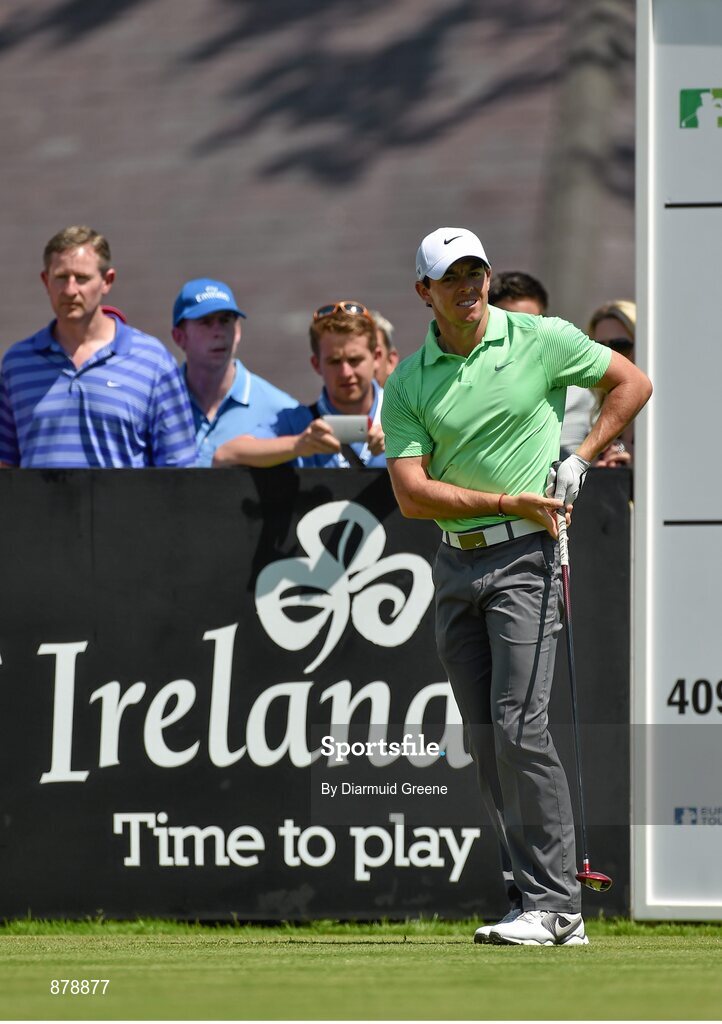 18 June 2014; Rory McIlroy watches his shot from the first tee box during the 2014 Irish Open Golf Championship Pro-Am. Fota Island, Cork. Picture credit: Diarmuid Greene / SPORTSFILE