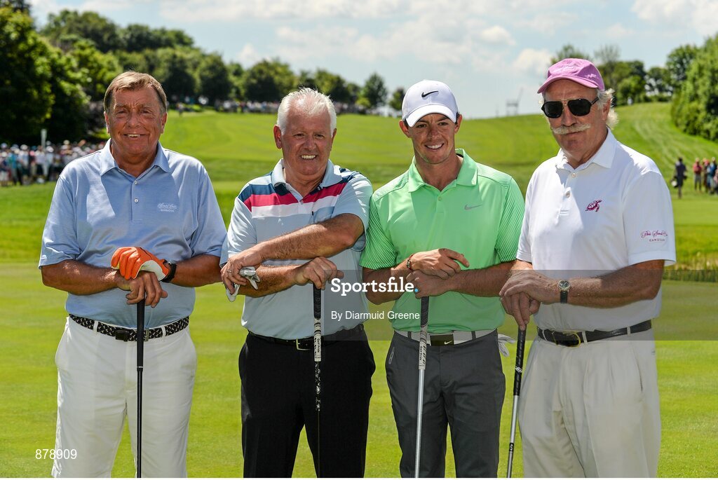18 June 2014; Golfers, from left, Albert Sharpe, Gerry McIlroy, Rory McIlroy and Dermot Desmond on the first teebox before their round during the 2014 Irish Open Golf Championship Pro-Am. Fota Island, Cork. Picture credit: Diarmuid Greene / SPORTSFILE