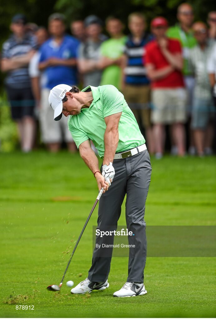 18 June 2014; Rory McIlroy plays his second shot from the fourth fairway during the 2014 Irish Open Golf Championship Pro-Am. Fota Island, Cork. Picture credit: Diarmuid Greene / SPORTSFILE
