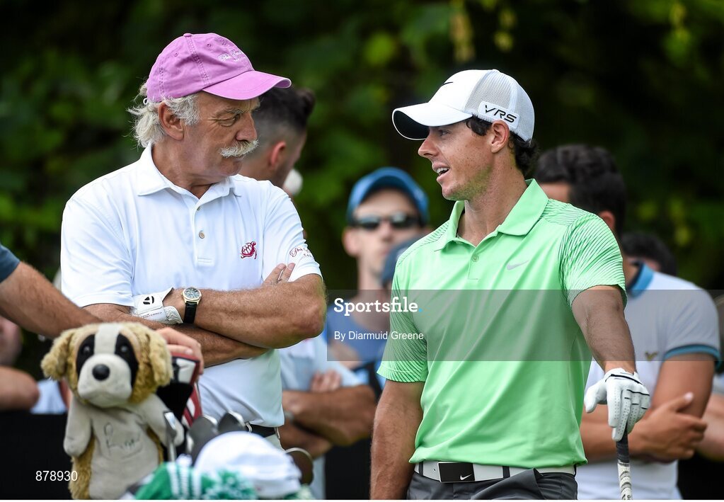 18 June 2014; Dermot Desmond, left, and Rory McIlroy in conversation on the fifth teebox during the 2014 Irish Open Golf Championship Pro-Am. Fota Island, Cork. Picture credit: Diarmuid Greene / SPORTSFILE